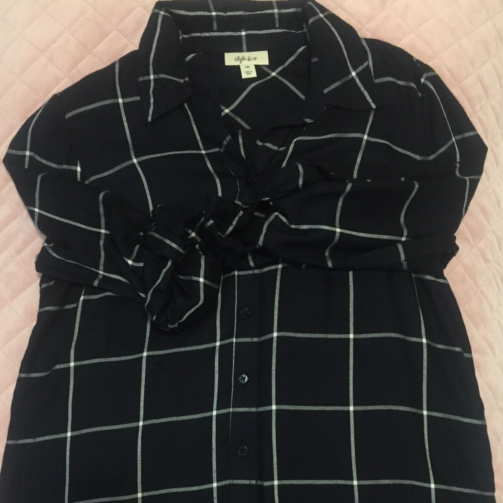 Petite M Navy Windowpane Plaid Check Shirt NWT - Picture 6 of 15